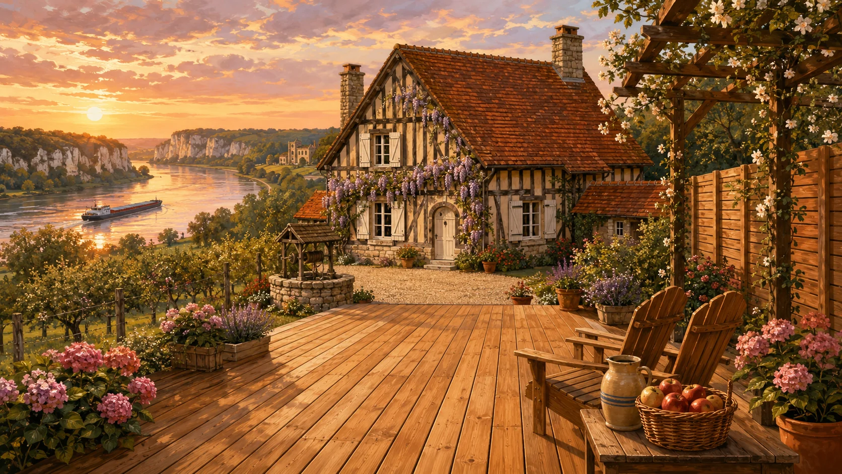 Illustration paysagère du dépôt avec terrasse en bois et clôture
